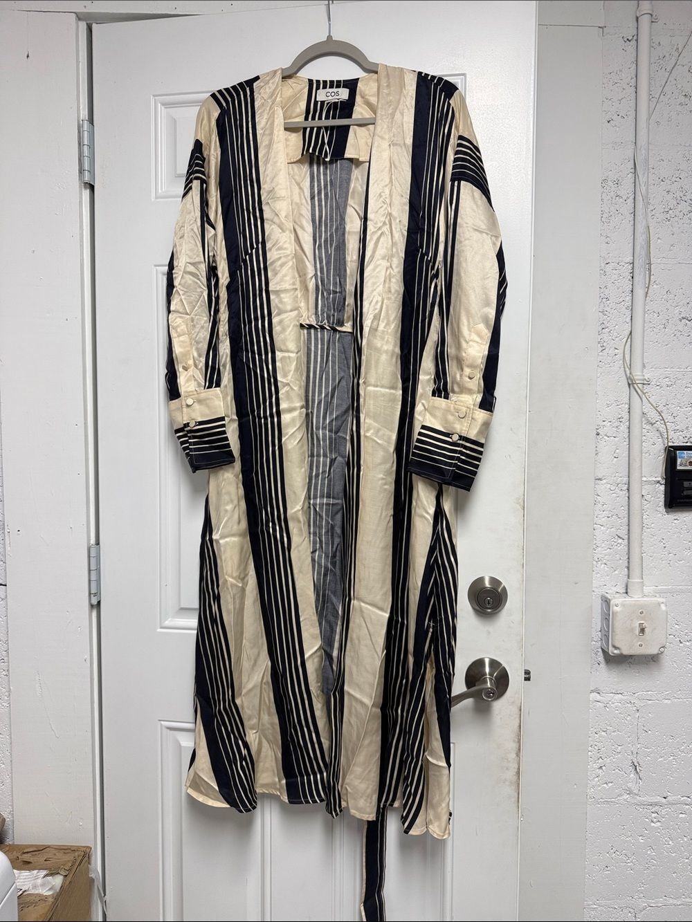 COS Black and Cream Striped Longline Trench Coat - Size 36 EUR (Belted) LIKE NEW